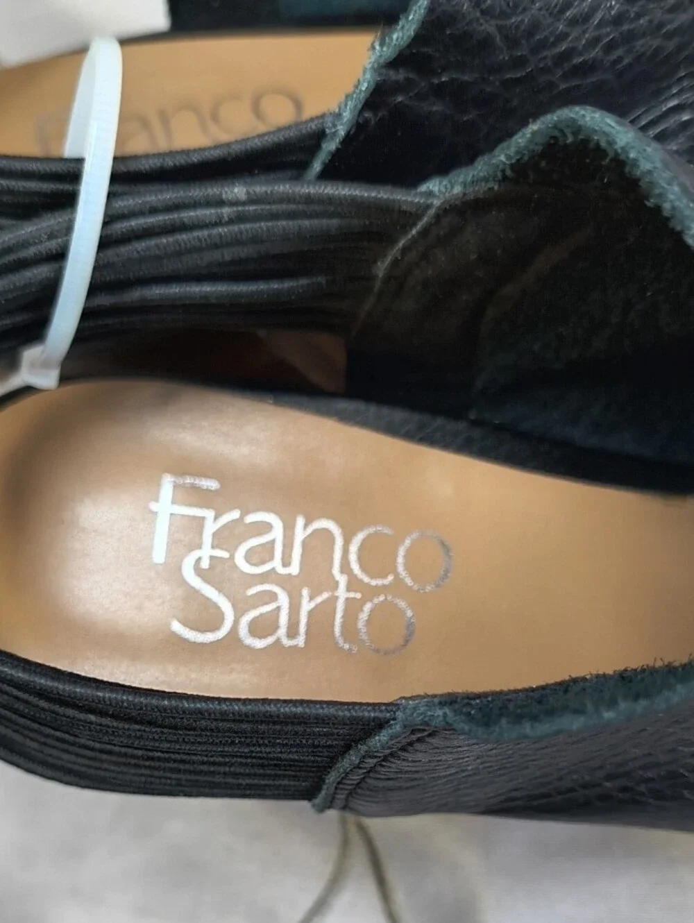 Franco Sarto Black Leather Ankle Booties ribbed elastic stretch strap AB